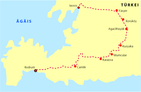 Karte der Radtour von Iassos nach Bodrum