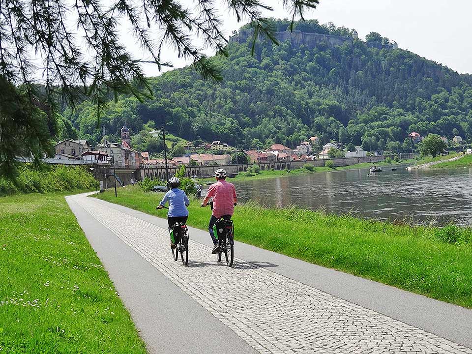 Radreisende auf dem Elberadweg durch die Saechsische Schweiz bei Koenigstein