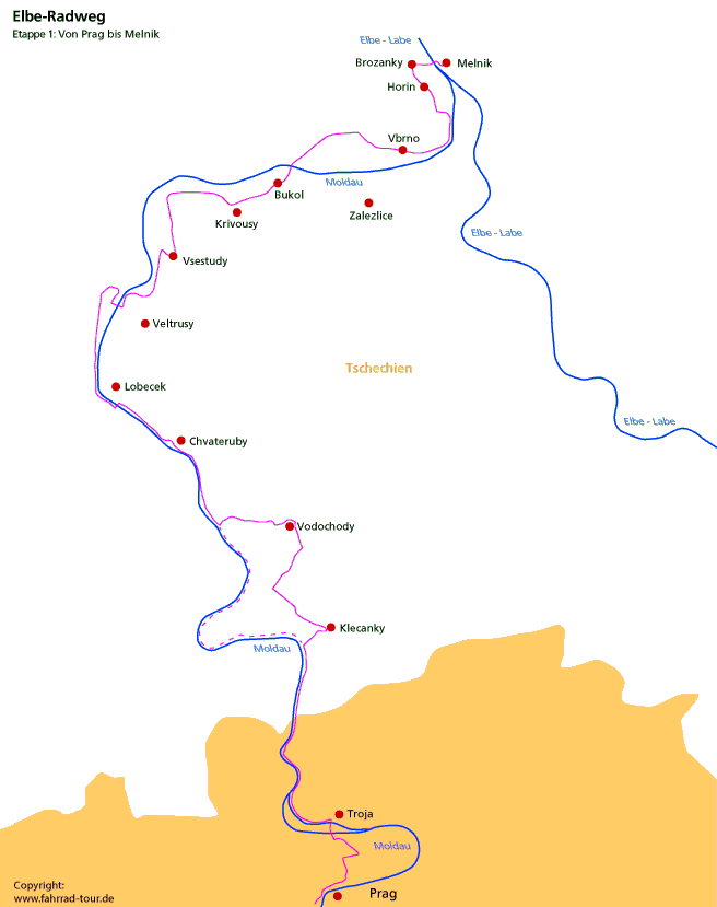 Karte Elberadweg Etappe Prag - Melnik