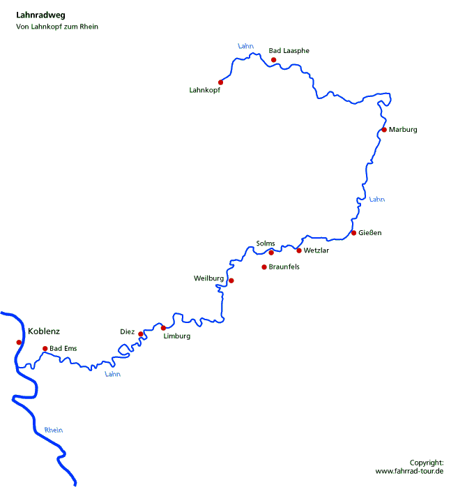 Lahntalradweg: Lahnradweg Beschreibung in 4 Etappen von der Quelle bis