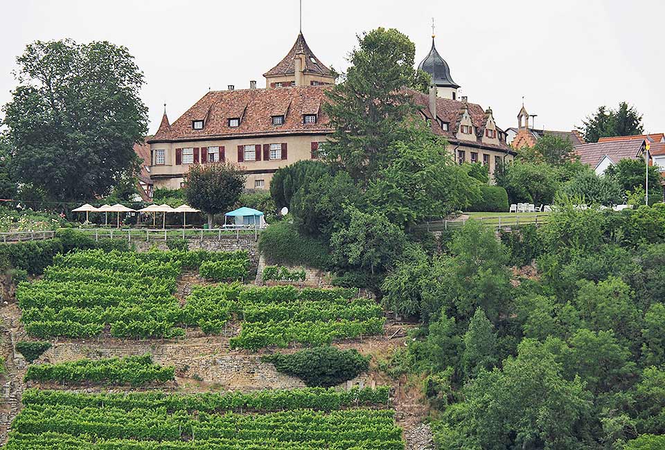 Blick auf das Renaissanceschloss Kleiningersheim auf der anderen Neckarseite