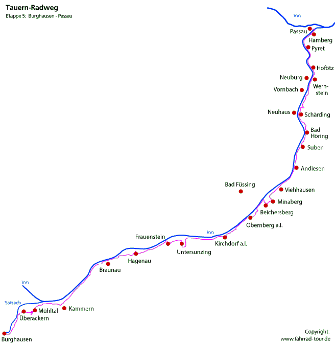 Karte Tauernradweg Burghausen bis Passau